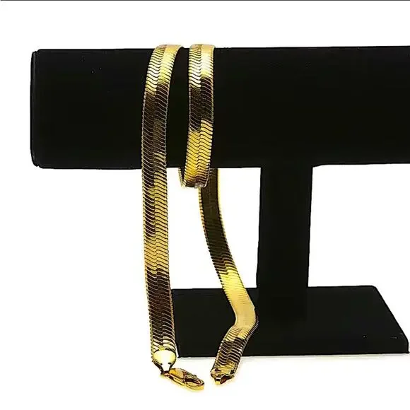 Gold Herringbone Flat Necklace Bracelet Set, Unisex, Two Piece 4mm - Picture 8 of 10